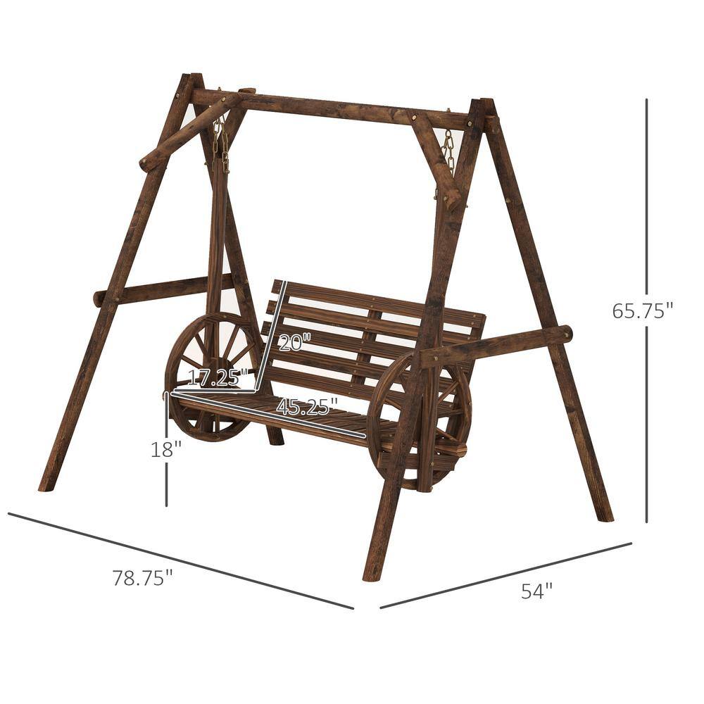 Rustic Carbonized Fir Wood 2-Person Porch Swing with Wagon Wheel Armrests