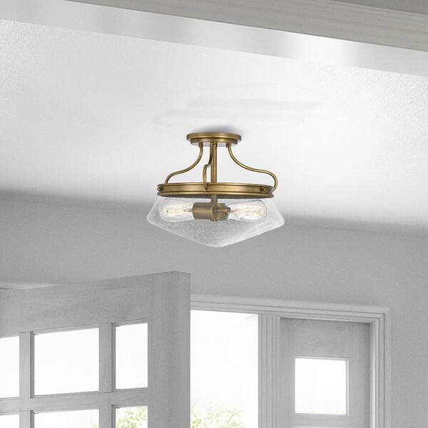 Harrow 15 in. 2-Light Burnished Brass Semi-Flush Mount with Clear Glass  Shade