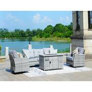 Fay 4-Piece Wicker Patio Fire Pit Set with Gray Cushions and Swivel Chairs