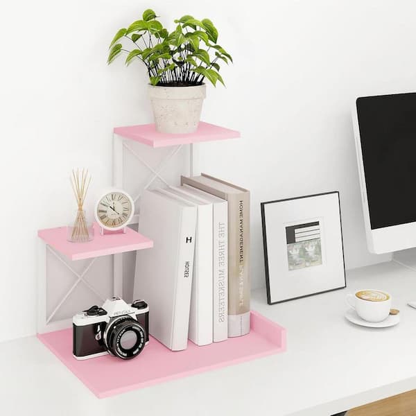 Pink 11.8 in. x 11.4 in. Wood Modern 3-Tier Desk Organizer Shelf
