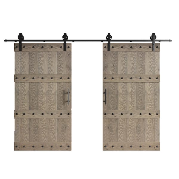 COAST SEQUOIA INC 84 in. x 84 in. Castle Series Embossing Light Gray Knotty Wood Double Sliding Barn Door with Hardware Kit