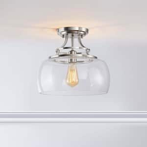 Lynn 13.2 in. 1-Light Antique Nickel Semi Flush Mount with Clear Glass Shade