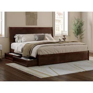 Casanova Walnut Brown Solid Wood Frame King Platform Bed with Panel Footboard and Storage Drawers