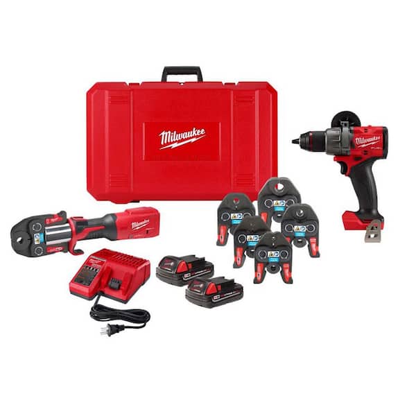 Milwaukee M18 18V Lithium-Ion Brushless Cordless Copper FORCE LOGIC Press Tool Kit with Jaw Kit and M18 FUEL 1/2 in. Hammer Drill