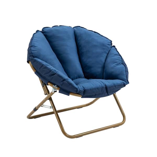 HOMEFUN Outdoor Navy Blue Velvet Oversize Folding Saucer Camping Chair with Gold Metal Set of 2