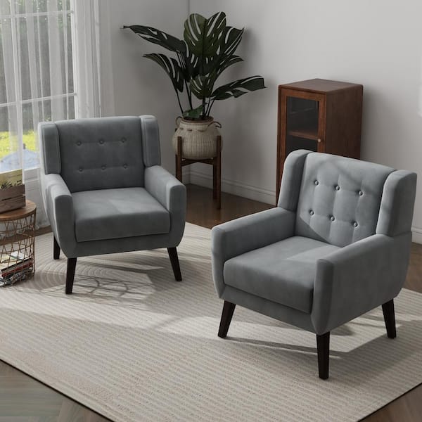 Uixe Mid-Century Modern Button Gray Velvet Accent Arm Chair (set
