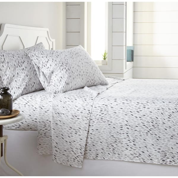 Southshore Fine Linens Botanical Leaf 4-Piece Grey Leaf on White Microfiber Full Sheet Set
