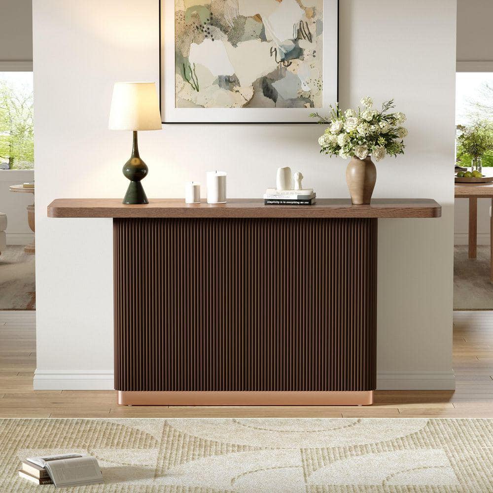 Qualler 58.3 in. Brown Rectangle Wood Console Table with Fluted Base ...