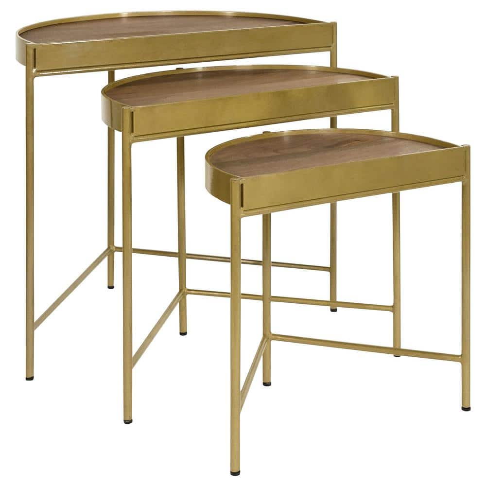 Tristen Brown and Gold Half-Moon Wood and Metal Nesting Tables