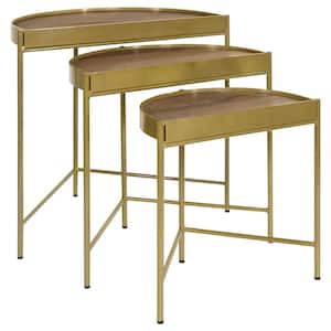 Tristen 3-Piece 25 in. Brown and Gold Mango Wood Demilune Nesting End Table with Recessed Top