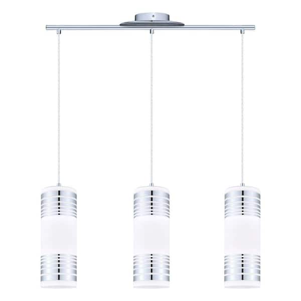 Eglo Bayman 28.15 in. W x 59 in. H 3-light Chrome Linear Pendant Light with Frosted White Glass Shades with Chrome Accents