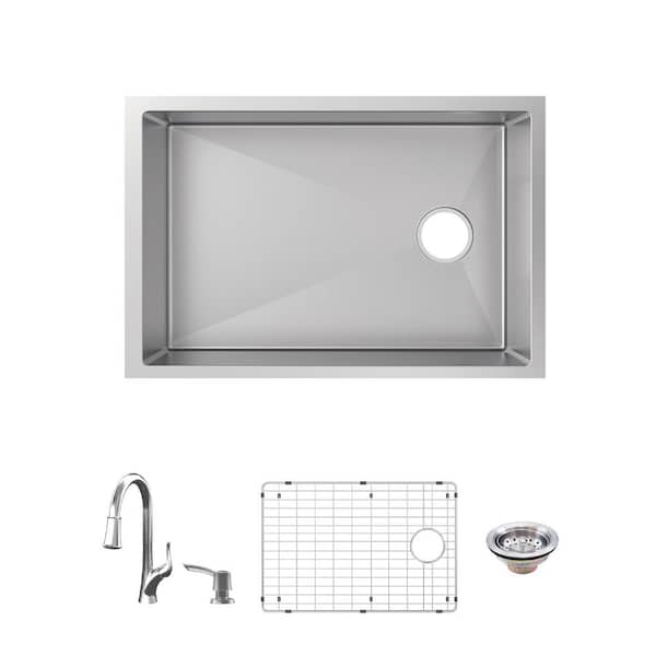 Tight Radius 27 in. Undermount Single Bowl 18 Gauge Stainless Steel Kitchen Sink with Pull-Down Faucet