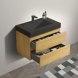 30 in. Single Sink Wall Mounted Natural Oak Bath Vanity with Black Solid Surface Top Unassembled