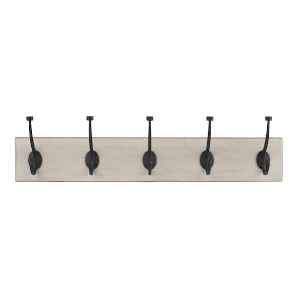 Home Decorators Collection Snap Install 27 in. Textured Chiffon Lace Oak Hook Rack with 5 Matte Black Pill Top Hooks
