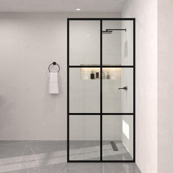 Unbranded Monture 34 in. W x 72 in. H Fixed Framed Shower Screen Door in Matte Black with Patterned Glass