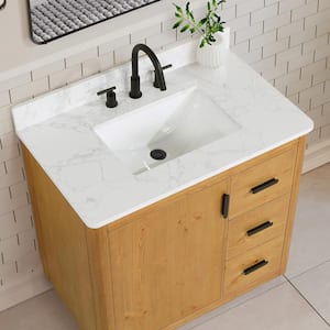 Perla 36 in. W x 22 in. D x 34 in. H Single Sink Bath Vanity in Natural Wood with Grain White Composite Stone Top
