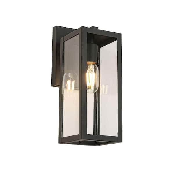 Jushua 1-Light Sand Texture Black Clear Glass Lighting Outdoor Hardwired Wall Lantern Sconce, Bulb Not Included