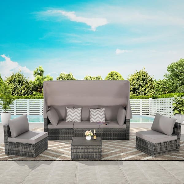Sudzendf 5 Pieces Outdoor Patio Wicker Outdoor Day Bed Furniture Set with Retractable Canopy and Light Gray Cushions