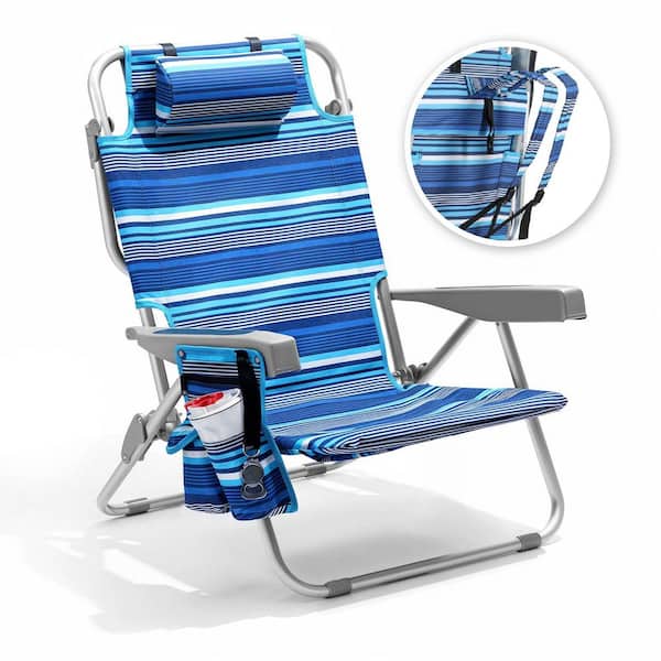 Striped Blue Aluminum Folding Adjustable Headrest Medium Beach Chair with (1-Pack)
