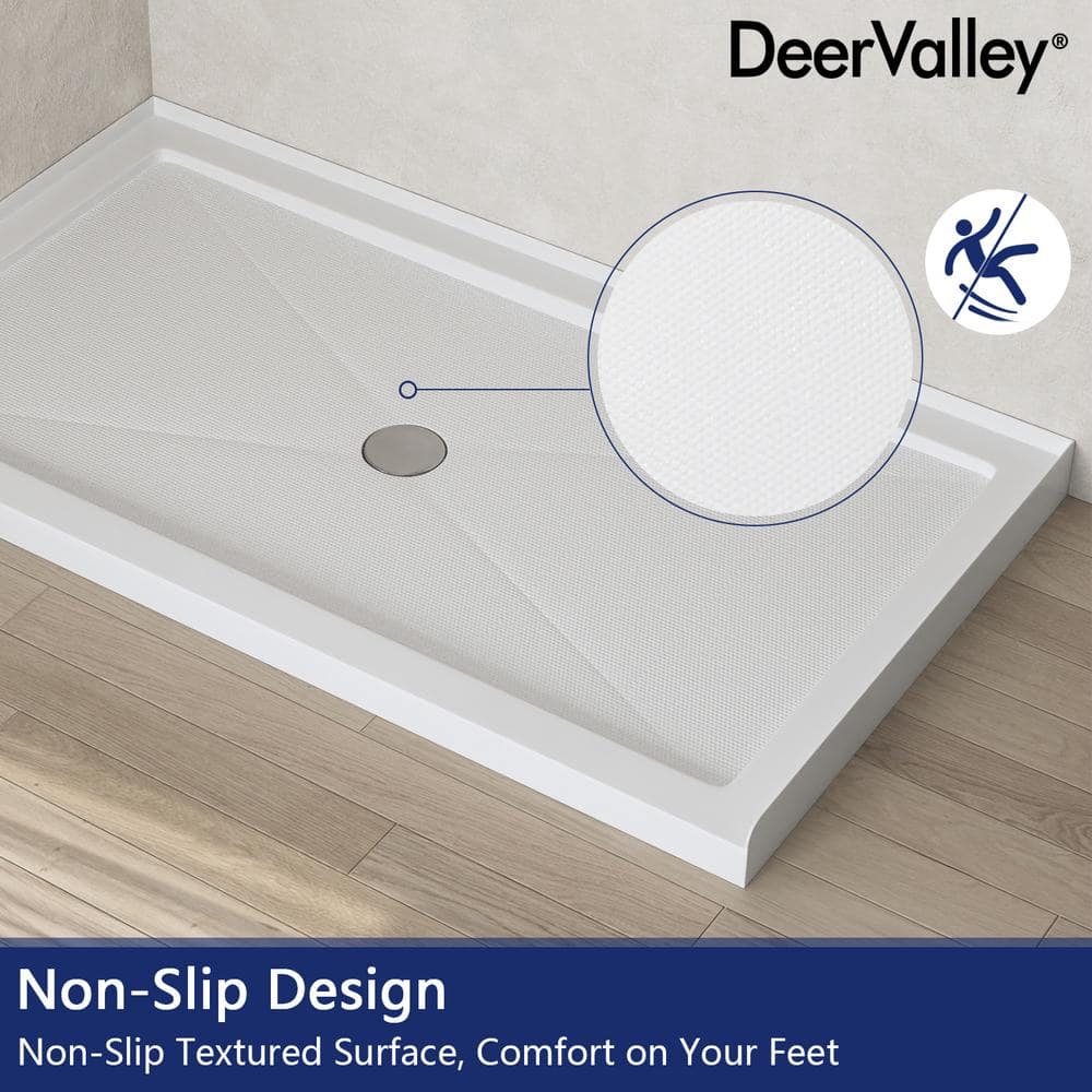 White Acrylic 60'' x 34'' Non-Slip Shower Base with Center Drain