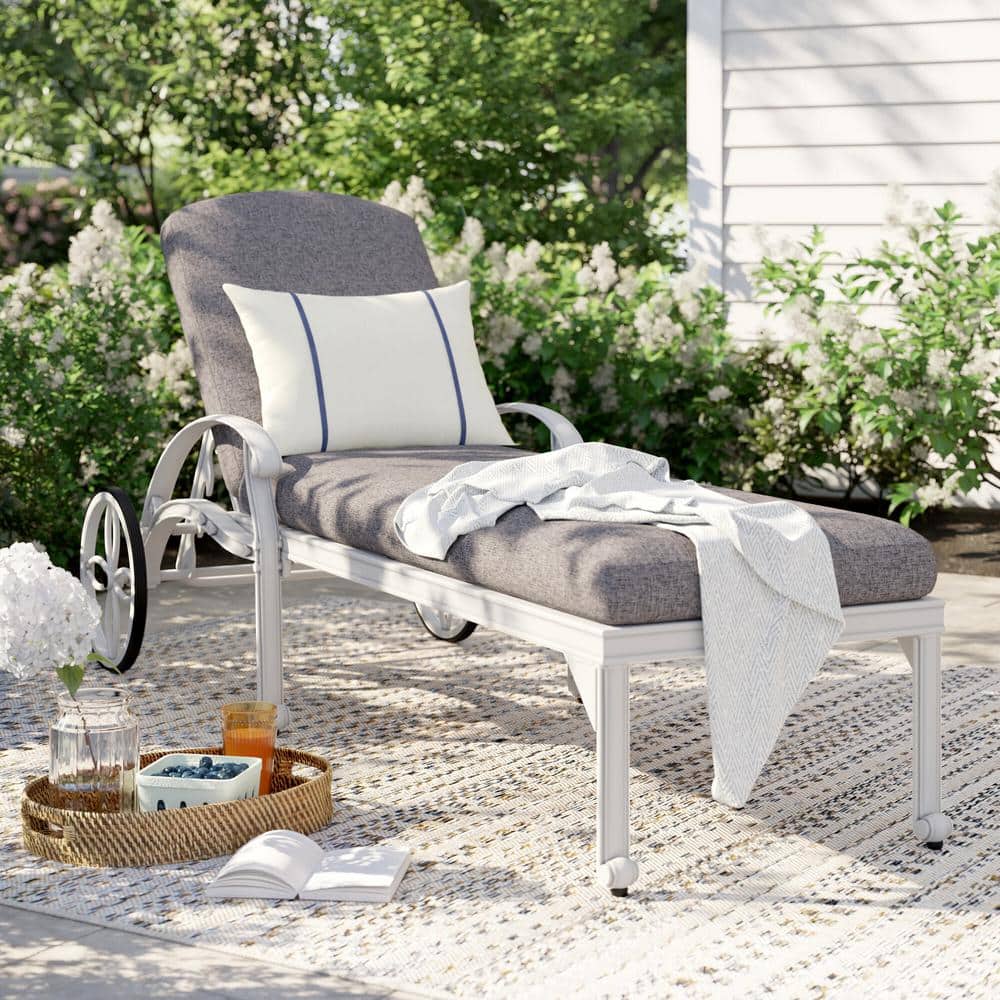 Capri White Cast Aluminum Outdoor Chaise Lounge with Gray Cushion  ( zipper is damage and one part is cracked)