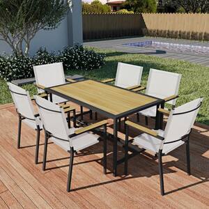 7-Piece Steel Rectangular Outdoor Dining Set, Acacia Hardwood Dining Table with 6 Arm Chairs and Umbrella Hole