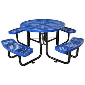 85 in. W Metal Steel 8-Person Blue Round Outdoor Picnic Table with Umbrella Pole and 4 Stools for Backyard and Garden