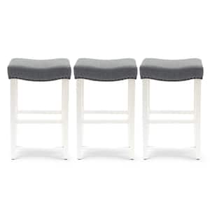 Jameson 29 in. Bar Height Antique White Wood Backless Nail Head Trim Barstool with Gray Linen Saddle Seat (Set of 3)
