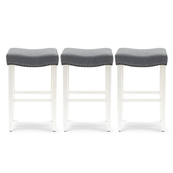 WESTINFURNITURE Jameson 29 in. Bar Height Antique White Wood Backless Nail Head Trim Barstool with Gray Linen Saddle Seat (Set of 3)
