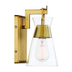 Lakewood 5.5 in. W x 9.5 in. H 1-Light Warm Brass Wall Sconce with Clear Glass Shade