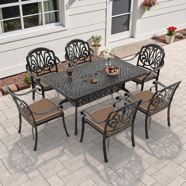 Willit Elizabeth 7-Piece Cast Aluminum Outdoor Dining Set with 59.06 in. x 35.43 in. Rectangular Table and Brown Cushion