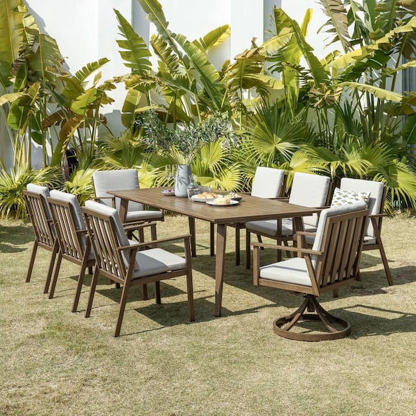 Alulux Light Brown Wood 9-Piece Aluminum Outdoor Dining Set with Rectangular Table and White Cushions