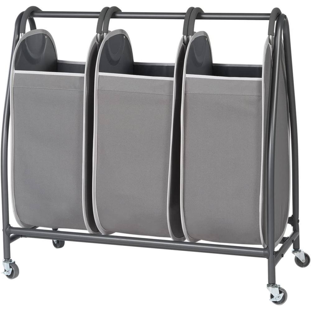 Gray Triple Laundry Hamper Cart with Wheel and 3-Removable Dirty Clothes Ha