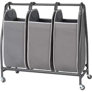 Gray Triple Laundry Hamper Cart With Wheel & 3 Removable Dirty Clothes Hamper Totes for Bathroom