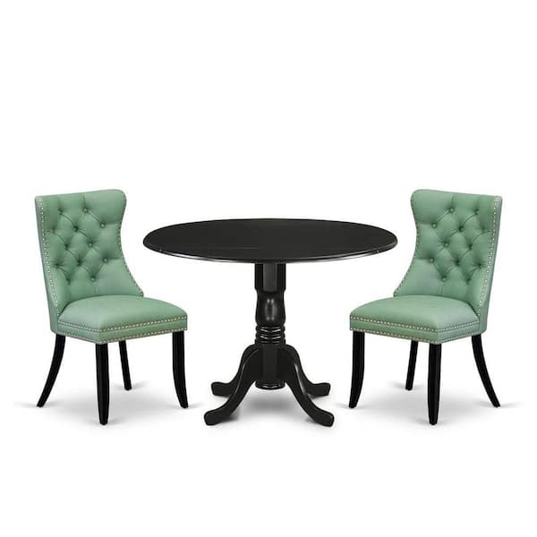 East West Furniture 3-Piece Black Finish Solid Wood Top-Round Upholstered Dining Room Set with Dropleaf-Seats 4