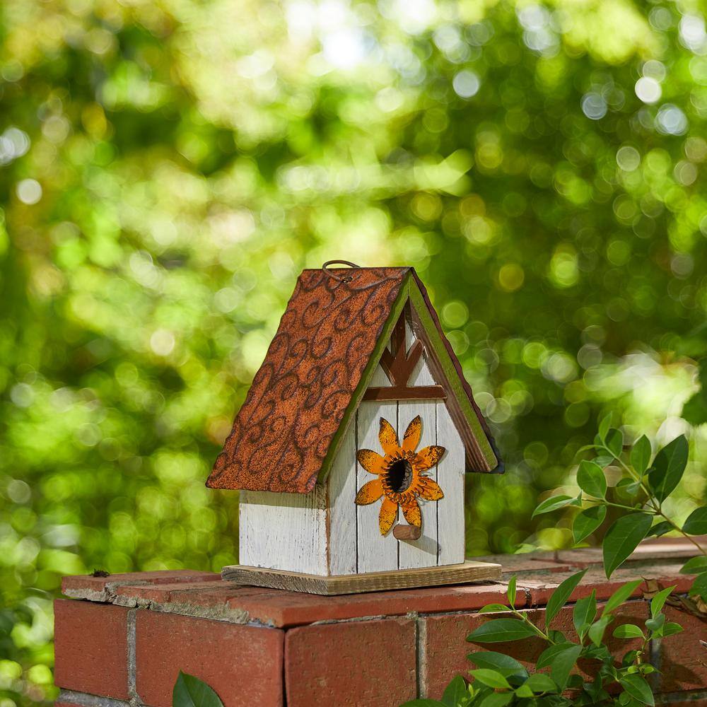 Distressed White and Brown Solid Wood Birdhouse with 3D Metal Flower