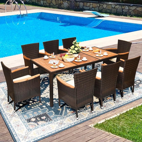 9-Piece Wicker Outdoor Dining Set with Acacia Wood Table and Stackable Cushioned Chairs Dining Set in Off-White