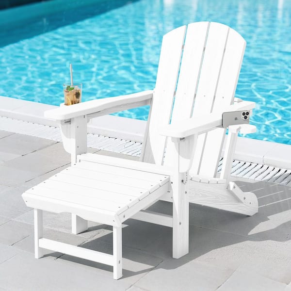 JEAREY 3-Level Adjustable Patio Folding Plastic Adirondack Chair with Retractable Ottoman, Cup and Phone Holders in White