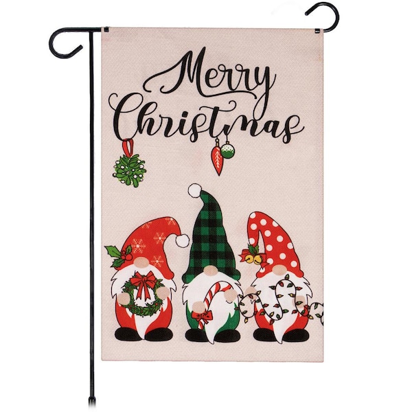 G128 1 ft. x 1.5 ft. Polyester Merry Christmas 3 Festive Gnomes 2-Sided Garden Flag Burlap