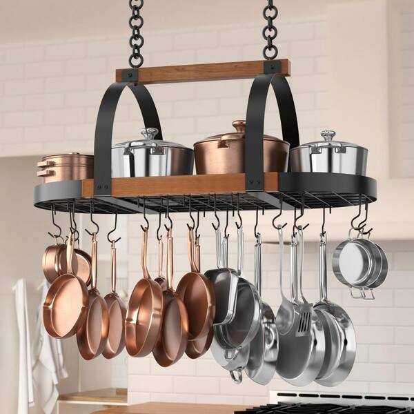 39 in. Oval Ceiling Mounted Hanging Pot Rack, Adjustable, With 20 Hooks, Solid Wood and Metal, Matte Black
