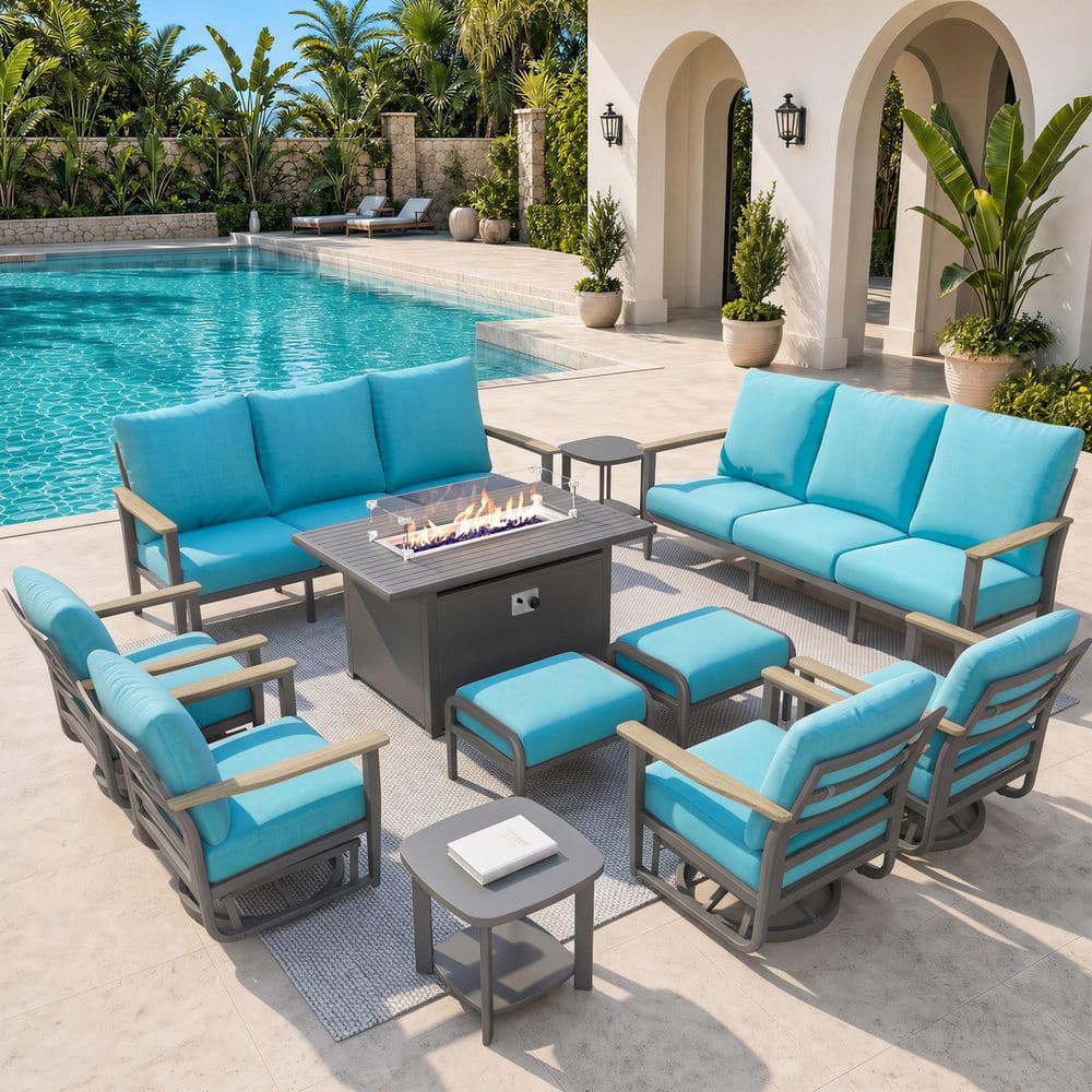 11-Piece Aluminum Patio Conversation Set with 55000 BTU Propane Fire Pit Table, Seats up to 10, Turquoise Cushions price history on PriceWatchPro