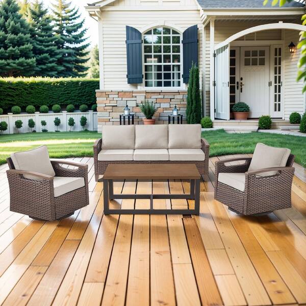 Kelsey Beige 4-Piece Brown Wicker Patio Conversation Seating Sofa Set with Swivel Rocking Chairs