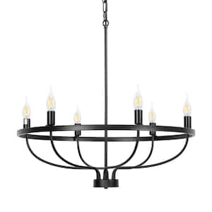 28.54 in. 6-Light Black Industrial Wagon Wheel Vintage Farmhouse Candle Chandelier for Dining Room Hallway