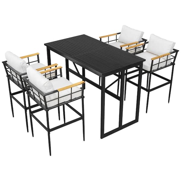 Black 5-Piece Iron and Acacia Wood Rectangle Outdoor Dining Set with Beige CushionGuard Tan Cushions