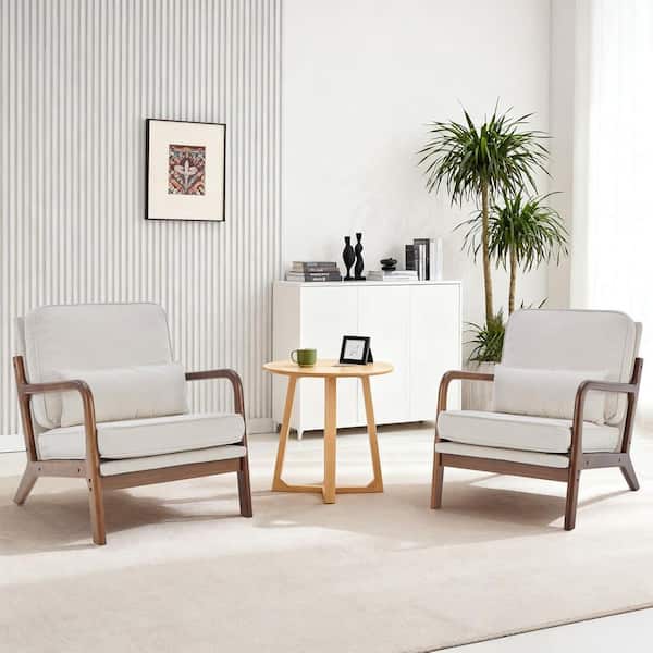 Beige Linen Upholstered Single Sofa Accent Chair (Set of 2) with Solid Wood Frame and Soft Pillow for Living Room