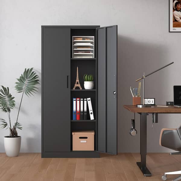 Siavonce 71 in. Black Metal Pantry Organizer, Garage Storage Cabinet Door, 3 Adjustable Shelves & Lock, Sturdy Steel Tool Cabinet