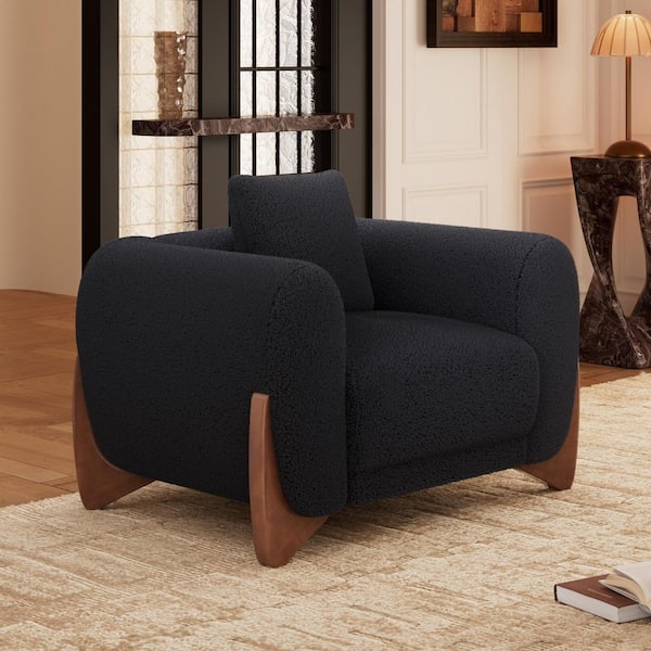Cloud-Soft Black Plush Sherpa Fabric Accent Arm Chair Upholstered Living Room Modern Sofa Chairs with Wood Legs
