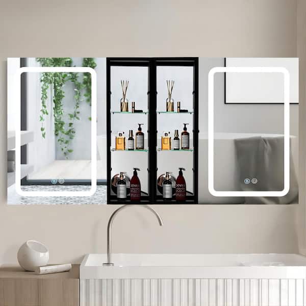 Xspracer Moray 60 in. W x 30 in. H Rectangular Silver Aluminum Surface Mount Medicine Cabinet with Mirror and LED Light