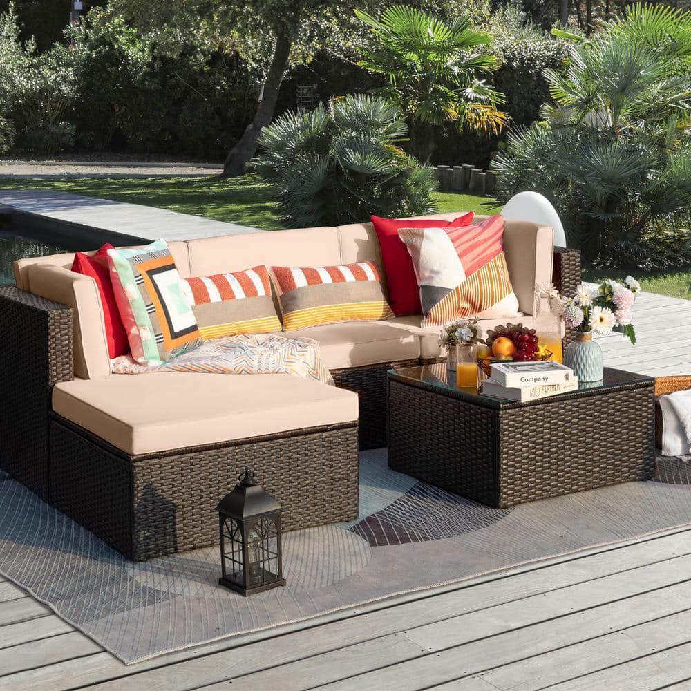 5-Pieces Wicker Patio Conversation Furniture Outdoor Rattan Sofa Set with Glass Coffee Table and Beige Cushion price history on PriceWatchPro