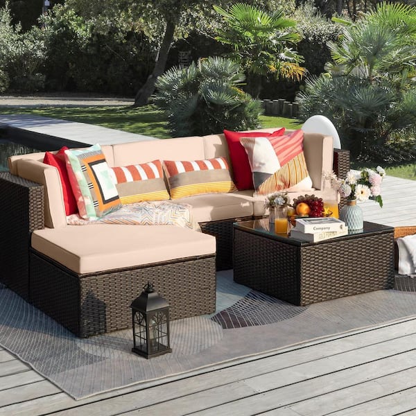 5-Pieces Wicker Patio Conversation Furniture Outdoor Rattan Sofa Set with Glass Coffee Table and Beige Cushion